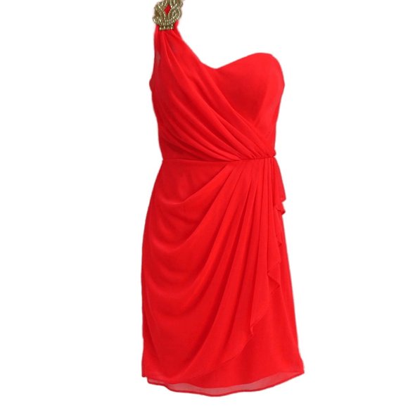 Cache Dresses & Skirts - Cache Cocktail Dress Rhinestone Brooch Neon Red Ruched Padded Bra Zip Back USA 4